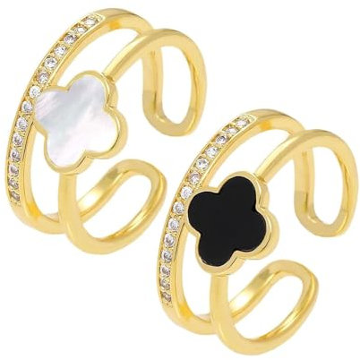 Generisch Goldener Kleeblattring für Damen, verstellbarer, doppellagiger, offener Kleeblattring mit Zirkonia, funkelnder Zirkoniaring für Damen (Black+White)