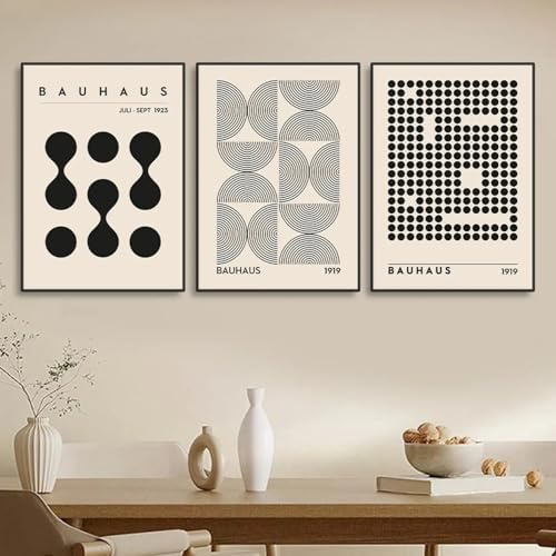 TONGYINLI Abstrakte geometrische Leinwand-Poster und Drucke im Bauhaus-Stil, Vintage-Stil, Schwarz-Beige, Strichzeichnungen, Gemälde für die Wanddekoration zu Hause, 40 x 60 cm x 3 Rahmen