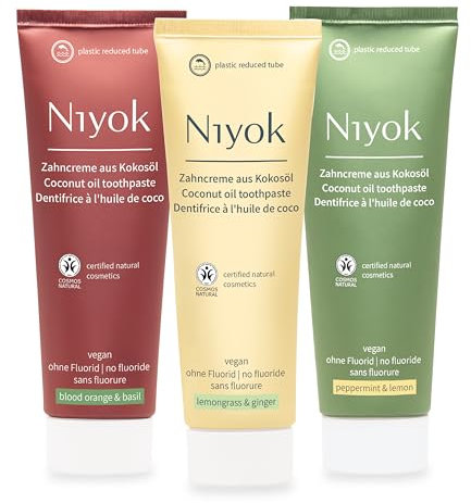 Niyok® Zahncreme aus Bio Kokosöl Zahnpasta ohne Fluorid (3x75ml) • Ohne Mikroplastik • Naturkosmetik Sensitiv • Auch für Kinder • Vegane Zahncreme • Natürliche Geschmacksrichtungen