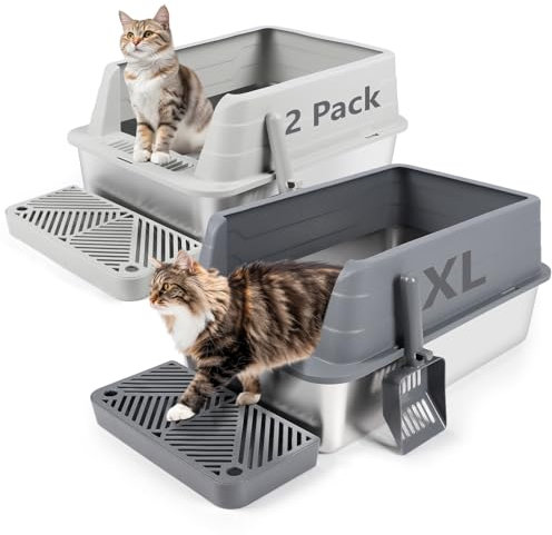 Bartuke 2 Pack Stainless Steel Cat Litter Box, High Sided Metal Litter Tray with Scoop, Filter Pedal, Non-Sticky, Non-Odor, Easy Cleaning (Dark Grey&Light Grey)