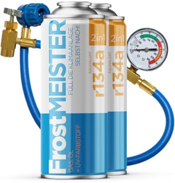 FrostMEISTER 2 in 1 – Set di ricarica per aria condizionata auto 2 × 400 ml con tubo manometro – Applicazione rapida, semplice ed ecologica (R134a, 1995-2016)