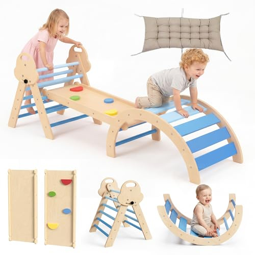 bbgroundgrm 8-in-1 Wooden Climbing Set for Toddlers with Cushion, Foldable Montessori Indoor Climber with Arch, Ramp and Triangle Ladder, Natural Wood Play Gym for Kids 1-3