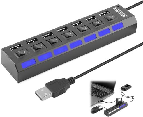 Hub USB 2.0 Alimentado, Concentrador Multipuerto USB 7 en 1 con Interruptor Independiente e Indicador LED, para PC, Mouse, Tastiera, MP3, Portátiles, MacBooks, etc