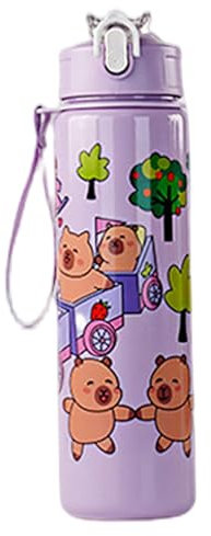 Heidouse Botella de Agua de Capybara, 700 ml de Botella de Agua Kawaii con Paja, Tazas de Bebidas a Prueba de Fugas con Mango para Mujeres Deportes para Acampar de Caminata de Picnic, púrpura