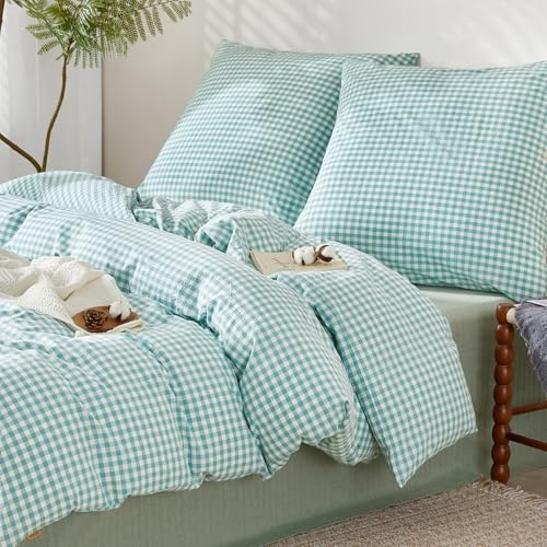 SAPHREAS Bettwäsche 200x200 Baumwolle Gewaschene Kariert 3teilig, Geometrisch Karomuster Bettwäsche Sets Oeko-Tex Zertifiziert Bettbezug mit Reißverschluss, Türkisblau