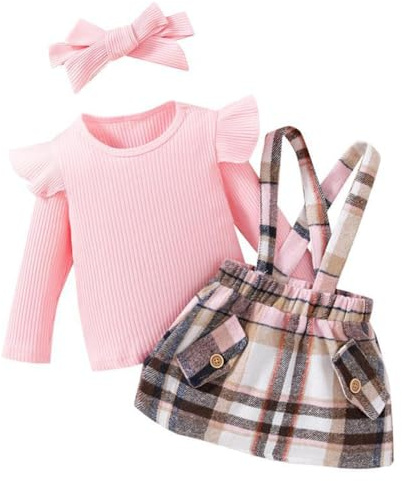 LUVCES Ensemble Jupes Bébé Fille Manche Longue à Volants Côtelé Haut +Bowknot/Carreaux Jupe à Bretelles Salopette Robe Vêtements d'automne Hiver