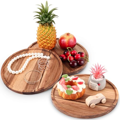 3-teiliges Holzteller Serviertablett Rund 30cm/25cm, Tablett-Set aus Akazienholz, Rustikal Holztablett Deko-Bretter, Holzablage für Snacks, Käse, Wurst - 2 Größen