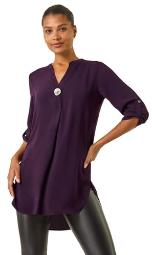 Roman Originals Shirt for Women UK Ladies Longline Top Collarless Blouse Smart Tunic Casual Evening Relaxed Fit 3/4 Length Sleeve Notch V Neck Long - Dark Purple - Size 12