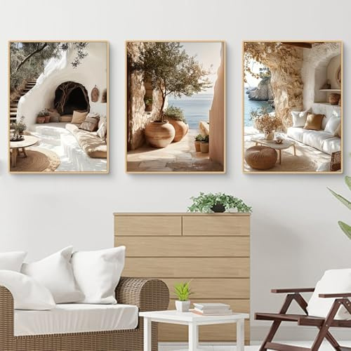 TROYSINC 3er Mediterrane Architektur Poster Set, Aesthetic Ausblicke auf griechische Inseln,Steinhäuser am Meer Landschaft Wandbilder Wohnzimmer, Wanddeko für Wohnzimmer, ohne Rahmen (A,40x50cm)
