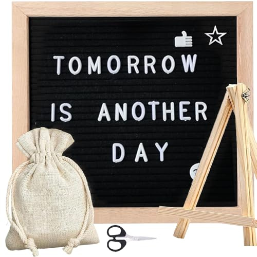 Rppiup Felt Letter Board, 10x10in Changeable Letter Board, Wood Frame Message Board with 340 Letters & Numbers, Stand & Bag, Handmade Peg Boards for Baby Announcements, Milestones, Office Decor(Black)