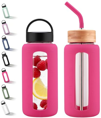 HYDRAGLAZIC Trinkflasche Glas 750ml mit 2 Deckeln und Strohhalm, Wasserflasche Glas mit Silikonhülle und Messskala, BPA frei, Auslaufsichere, Spülmaschinenfest, für Sport, Büro, Rosa