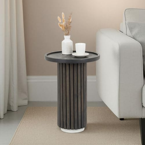 IDIMEX Beistelltisch BEJA aus massivem Mangoholz, Braun/Weiß - Ablagetisch rund 38 cm, Sofatisch mit geriffelter Struktur, Couchtisch modern für Wohnzimmer, Design Beistelltisch mit Marmorfuß