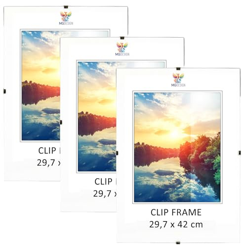 MG Design Cliprahmen Set 3 Stück in A3 29,7 x 42 cm – Rahmenlose Bilderrahmen mit Acrylglas & HDF-Rückwand für Fotos, Poster & Puzzle, vertikal & horizontal