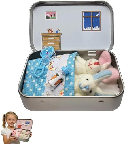 Mini Bunny Little Pocket Easter Stuffer Easter Gifts Osterhase Plüschtier, Kleine Geschenke, Sammlerstück, Hasen Kuscheltiere Set in Metallbox Mini Plüschspielzeug für Kinder Ostergeschenk (Blau)