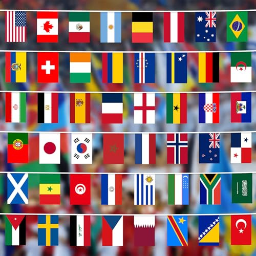 Lixure WM 2026 Fahnen-Wimpelkette 22 × 15cm, 48 Nationalflaggen zur Fußball-WM, Länderflaggen Girlande für Eröffnung, Sportbar und Partyveranstaltungen