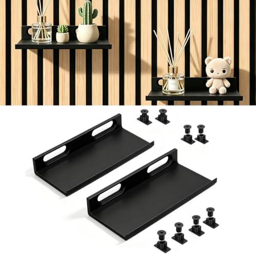 Regal für Akustikpaneele 2er Set, 15x9cm Zubehör Akustikpaneele ohne Bohren für vertikale horizontale Paneele, Wandorganizer schwarz als Pflanzenhalter, Wandregal für Wohnzimmer Schlafzimmer Büro