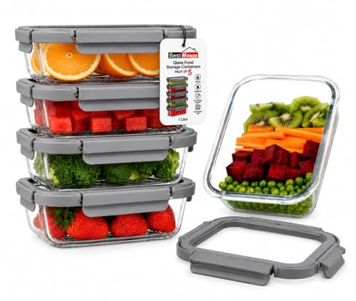 BH | 5-Pack Glass Meal Prep Containers | 1000ml | Borosilicate Glass Food Storage Containers with Lids | Airtight Lunch Container Set, BPA-Free, Leak-Proof, Microwave, Dishwasher Safe - by Best House