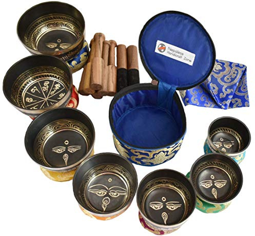 Nepalese Handicraft Zone- Juego de 7 cuencos tibetanos para la curación de chakras NHZ para meditación: cuencos tibetanos del Himalaya (negros)