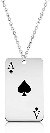 BlackAmazement 316L Edelstahl Anhänger mit Kette Halskette Pik Ass Karte Dog Tag Zocker Spieler Silber Schwarz Herren