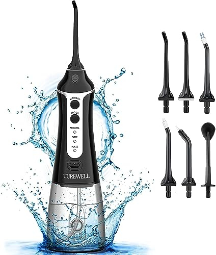 TUREWELL FC1591 Hydropulseur Jet Dentaire,Portable Irrigateur Oral avec 3 Modes et 6 Buses,USB Rechargeable et IPX7 Etanche,300ML Nettoyeur de Dents pour la Maison et les Voyages