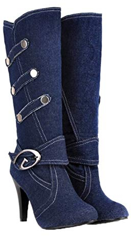 Stivali di Jeans da Donna Inverno Confortevole Antiscivolo Festa di Nozze Scarpe con Tacco Alto Stivali Lunghi da Donna Caldi con Fibbia Casual