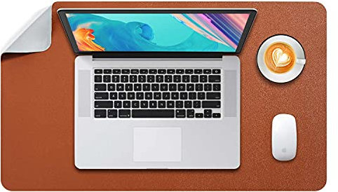DOBAOJIA Tapis de Souris Grand, sous Main Bureau L, Mouse Pad Mat Prolongé, Tapis de Portable, Tableau d'Écriture, Buvard de Bureau, Double Face Usage en Cuir PU Étanche, 60 x 35cm Marron/Gris
