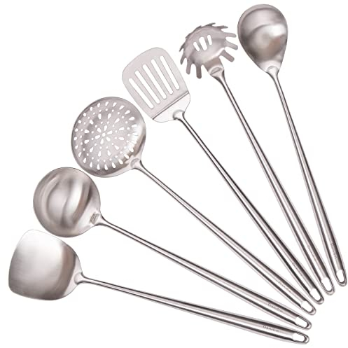 Ensemble d'ustensiles de cuisine en acier inoxydable 304 – 43,2 cm tout en métal, 6 ustensiles à manche extra long avec spatule, louche à soupe, écumoire, spatule ajourée, cuillère à spaghetti,