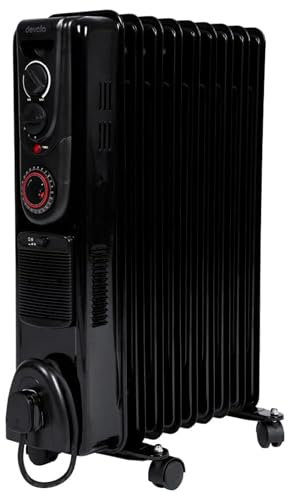 Devola 2500W 9 Fin Oil Filled Radiator, Low Energy Electric Heater with Thermal Fuse for Overheat Cut Off, Adjustable Heating Dial, Turbo Heating Option via PTC Fan, 24 Hour Timer - DVSOR9F25B (Black)