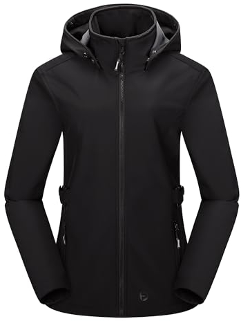 Outdoor Ventures Damen Softshelljacke Kurze Gefütterte Wasserdichte Übergangsjacke mit Abnehmbarer Kapuze Regenjacke Funktionsjacke Outdoor Regenmantel für Wandern Laufen Sporten Schwarz L