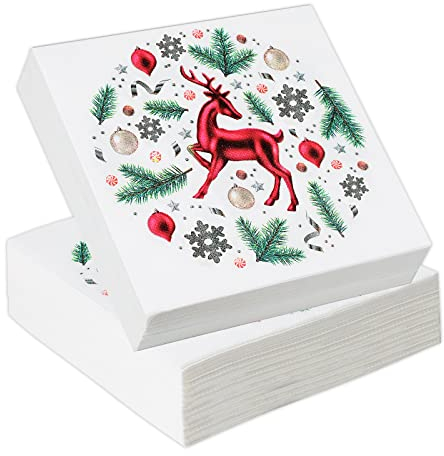 60Stück Weihnachten Servietten, Weihnachtsrentier Papierservietten Paper Napkins Wegwerfservietten Bedruckte Papiertaschentücher Partyzubehör Weihnachtliche Tischdekoration (33 x 33 cm)