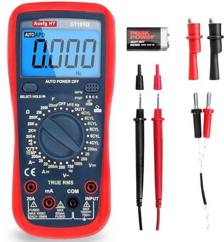 Multimeter，Professional Automotive Multimeter,AC DC Voltage Meter;Ohm,Ampere,Diode,Capacitance,Frequency,Temperature,hFE,LED Bulb,Transistor,Automobile Engine-Dwell (Closed Angle), Duty% Measurement.