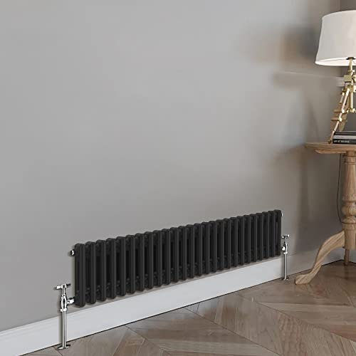 Blümme Traditional Cast Iron Style Double Column Black Horizontal Radiator 300 x 1190mm – Perfect for Bathrooms Kitchen Living Room