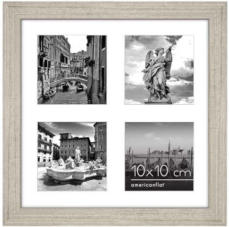 Americanflat Cadre photo collage 25,4 x 25,4 cm en bois flotté avec quatre ouvertures de 10,2 x 10,2 cm – Bois composite avec verre incassable – Formats horizontaux et verticaux pour mur et table