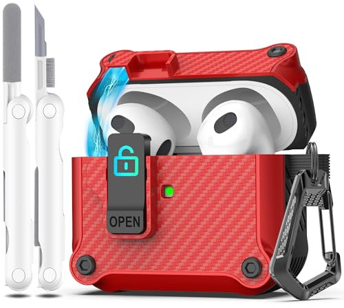 R-fun Compatible con AirPods 3ª Generación 2021 Funda de Carga, Protección Total contra caídas Auto Pop-Up Tapa Compatible con Apple Airpods 3 Gen Funda con Kit de Limpieza y Llavero,Rojo