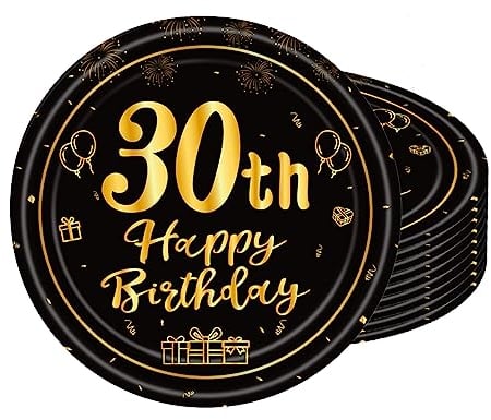 POPOYU 16pcs Black and Gold Paper Plates 30th, Happy Birthday Tableware 7 Inch, 30th Decorations for Men, Women, Him, Her Gifts Party Supplies