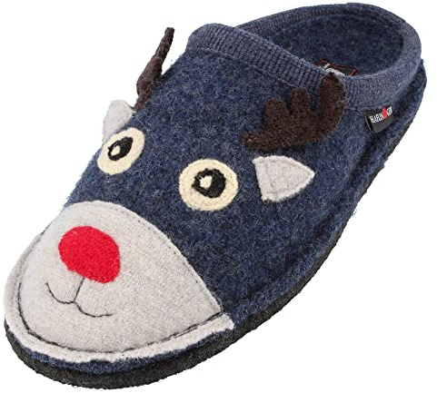HAFLINGER Flair Renna Wollwalk Pantoffel Hausschuh Rentier Blau (Jeans 72), Gr. 37