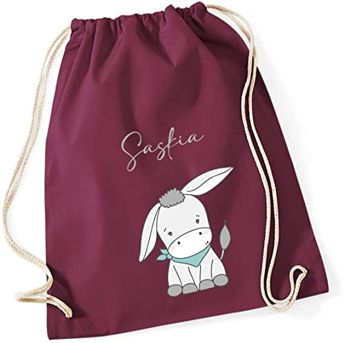 minimutz Personalisierter Turnbeutel für Mädchen Jungen mit Namen | Motiv süßer Esel | Stoffbeutel mit Kordel zum Zuziehen | Geschenk-Idee für Kinder (burgund)
