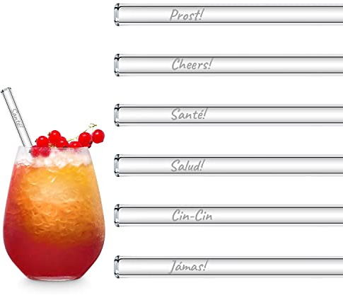 HALM Glasstrohhalme 6x 15 cm kurz International Anstoßen Edition Glastrinkhalme „Prost“ in 6 verschiedenen Sprachen