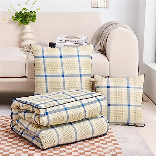 Surwin Reisedecke Kissen Decke 2 in 1, Steppdecke aus Baumwolle, Verwandlungskissen mit Reißverschluss, Multifunktionale Zierkissen Wohndecke Kinderdecke für Reisen Flugzeug (Khaki kariert,150x200cm)