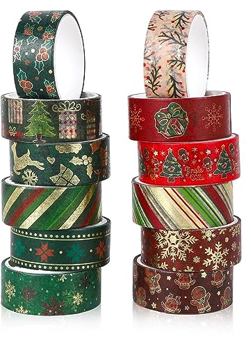 12 Rollen Weihnachten Washi Tape,Weihnachten Washi Masking Tape Xmas Goldfolie Washi Tape,Dekoratives Masking Tape für Weihnachtskarten-Geschenkverpackungen,Journal,Kunsthandwerk, Weihnachtsfeier