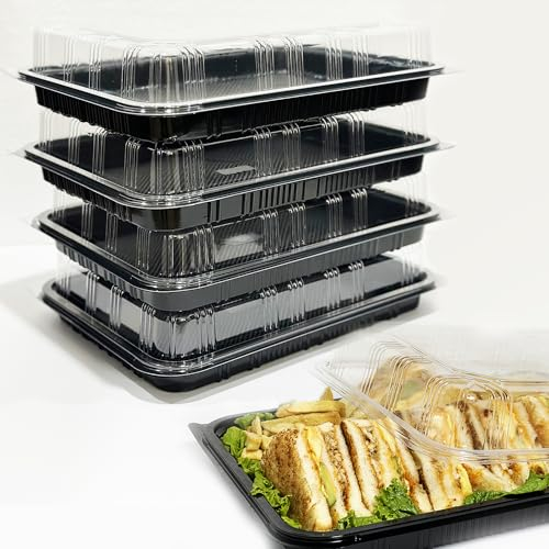 TRAYA Pack of 5 Sandwich Platter Trays with lids - Reusable Plastic Catering Trays with Lids for Meal Prep, Cakes, Treats and Sandwiches (33.5cm x 24cm x 7cm)