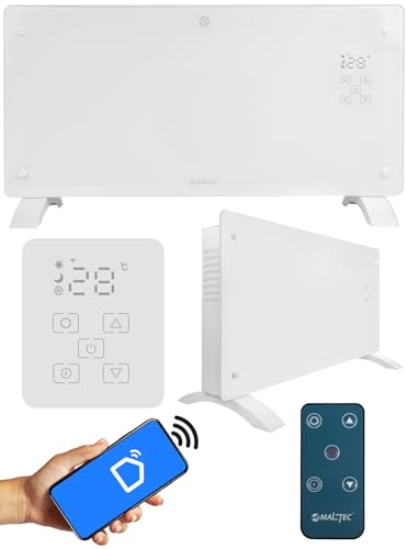 MalTec Konvektorheizung gehärtetes Glas, Eco, Wifi Heizung, Fernbedienung Heizgerät, Thermostat & Timer, 2000W Kindersicherung, weiß