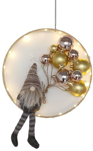 Corona de Navidad LED decorativa con cadena de luces, duende y bola de Navidad, enano DIY Navidad corona para puerta, guirnalda artificial de Navidad para decoración (marrón)