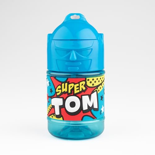 Bouteille personnalisée pour enfant, gourde d'eau avec paille - Super Tom, Bleu