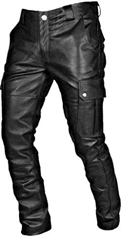 Pantalon cargo pour homme Baggy Grandes tailles - Pantalon en cuir pour homme - Pantalon de moto vintage - Coupe-vent et imperméable - Pantalon de motard en cuir pour homme, Noir , XXXL