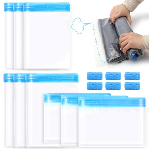 9 Pezzi di Sacchetti Sottovuoto da Viaggio,50*70cm,40*60cm,35*50 cm,3 Taglie,Sacchi Sottovuoto da Viaggio per Valigia,Risparmiano Spazio,Facili da Trasportare e Possono Rilasciare Rapidamente l'aria
