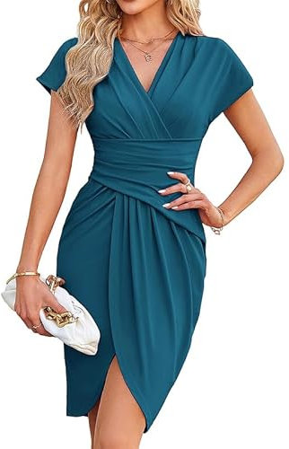 Evening Dresses for Women uk, Wrap Dresses Batwing Flutter Sleeves Bodycon Dress Ruched Soft Work Dresses Business Dresses Pencil Midi Dress Wedding Guest Dress Office Dresses Summer Dress