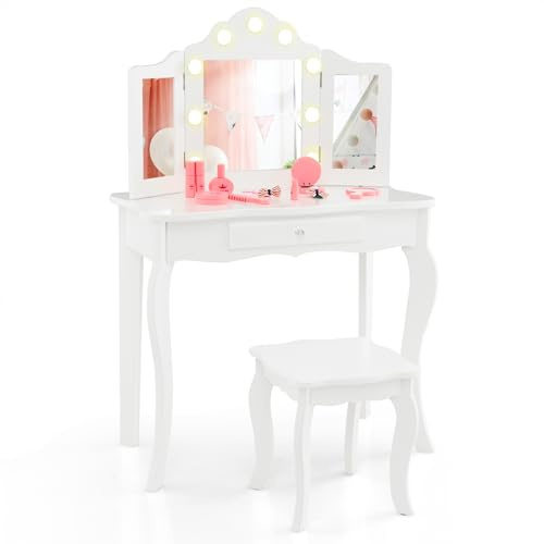 LIFEZEAL 2 in 1 Kinder Schminktisch, Kinderkosmetiktisch mit Abnehmbarer Spiegel & Hocker, Frisiertisch für Mädchen, Prinzessin Frisierkommode Holz mit Schubladen