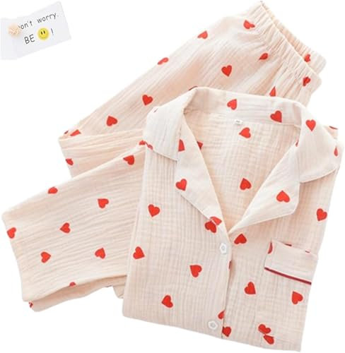 JosuE Ensemble de Pyjama à imprimé cœur, Ensemble Pyjama en Coton,Beige,L