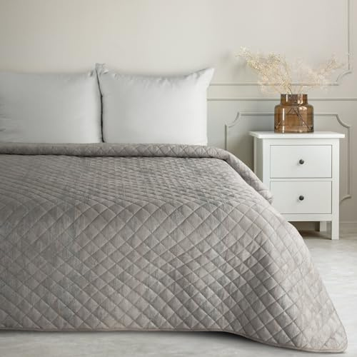 Eurofirany Marmor Decke Tagesecke mit elegantem Muster für Doppelbett Samt Velours Glamour Dekorativer Bettüberwurf (Biege+Silber, 220X240 cm), BLINK3